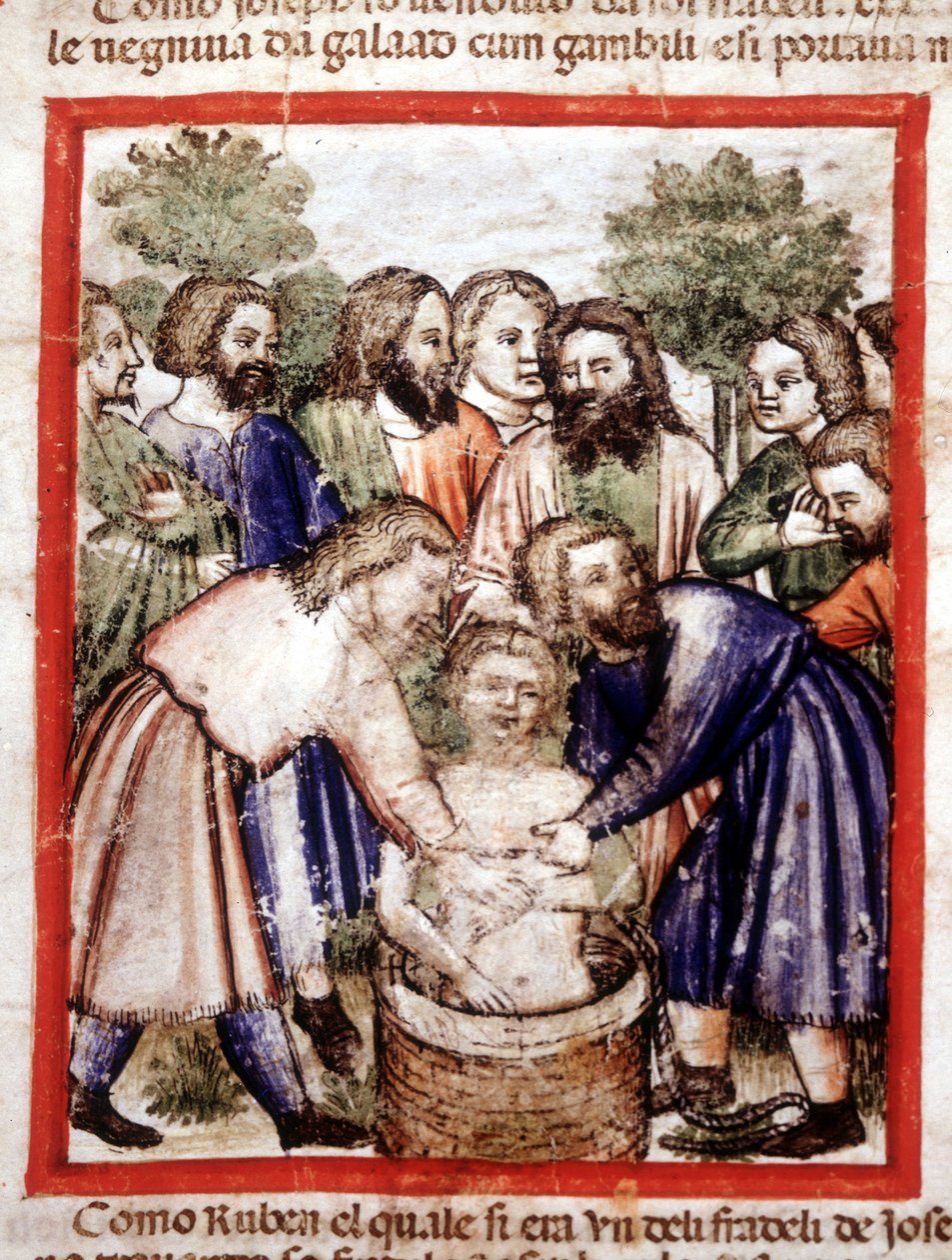 Veljensä myivät Joosefin ja heittivät kaivoon. Miniatyyri koodista 212 (tai padovano-koodista tai Padovan Raamatusta) 1390-1400 Rovigo, Accademia dei Concordi tekijältä Unknown artist