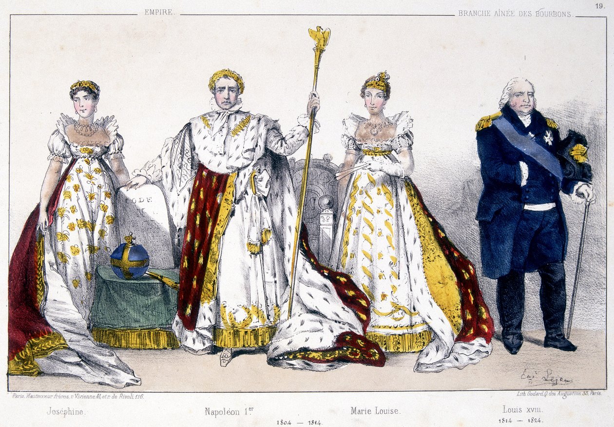 Josephine, Napoleon 1er, Marie Louise ja Louis XVIII - elokuvassa "La Monarchie francaise en estampes" tekijältä Unknown artist