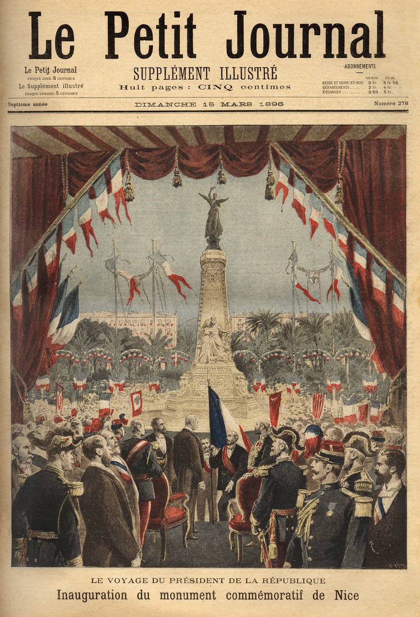 Tasavallan presidentin Felix Fauren (1841-1899) matka Nizzan kreivin Ranskaan liittämisen muistomerkin avajaisiin. Kaiverrus "" Le petit Journal""/1896. Selvan kokoelma. tekijältä Unknown artist