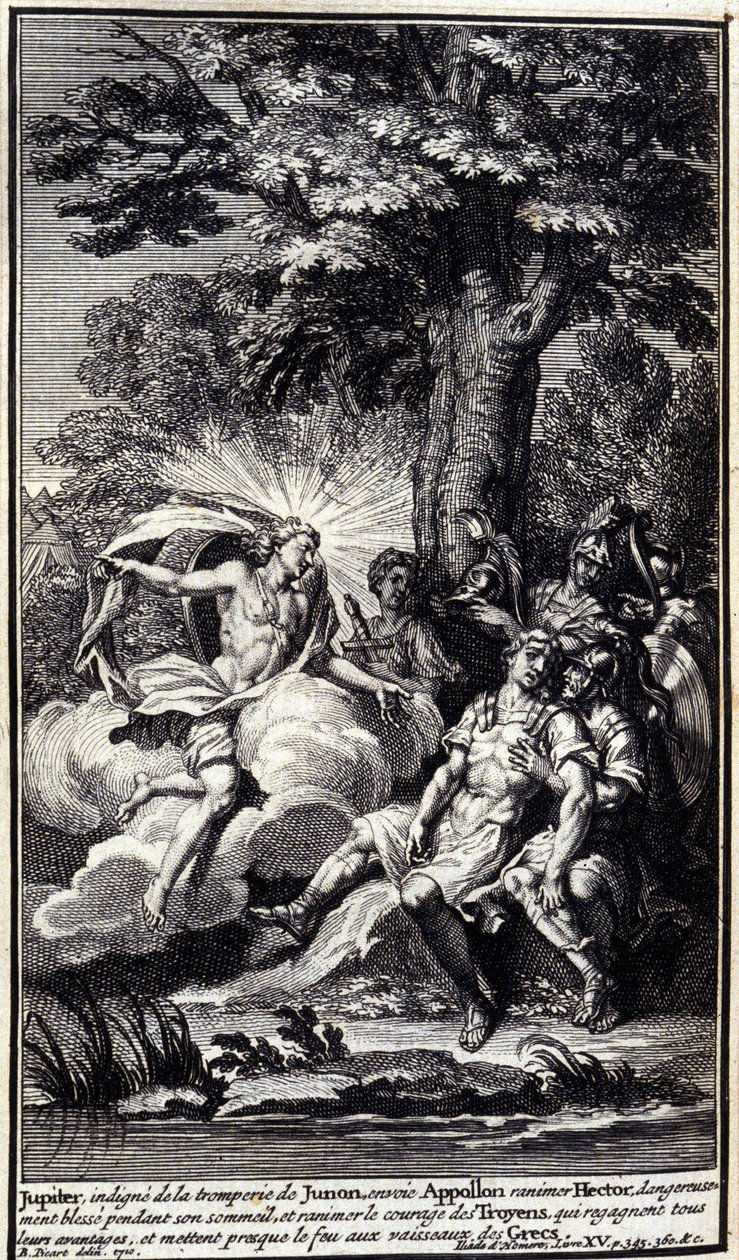 Jupiter, joka ei ole ansainnut Junon petosta, lähettää Apollon elvyttämään Hectorin vaaralliset haavat unensa aikana ja elvyttämään troijalaisten rohkeutta, jotka saavat takaisin kaikki etunsa ja melkein sytyttävät kreikkalaiset laivat. Kuva Iliaksen kirja tekijältä Unknown artist