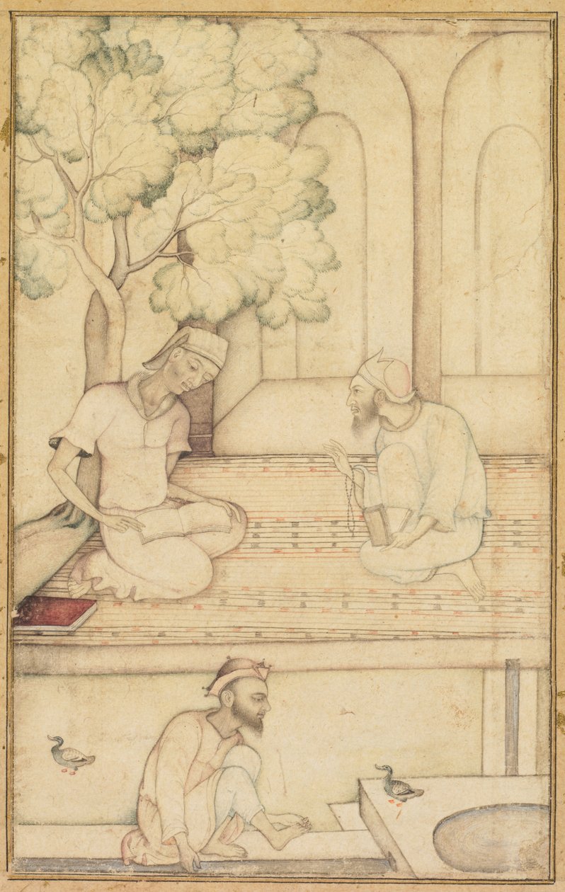 Kabir ja kaksi seuraajaa terassilla (recto) tekijältä Unknown artist