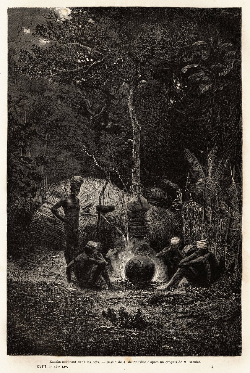 Kanakit kokkaamassa metsässä, Pamaleen alueella. Kaiverrus havainnollistamaan matkaa Uuteen-Kaledoniaan, Jules Garnierin, kaivosinsinöörin, 1863-1866, julkaisi "Le tour du monde, nouveau journal des voyages", toimittanut Edouard C. tekijältä Unknown artist
