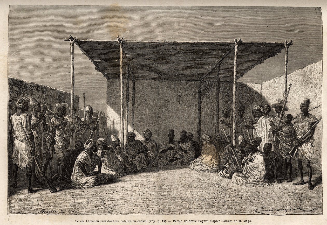 Kuningas Ahmadou johtaa Toucouleur-imperiumin neuvostoa tai palatsia Segou Sikorossa (Mali), viisaat miehet istuvat ja soturit asettuvat, kuningas pitää muslimirukousta käsissään. Kaiverrus havainnollistamaan luutnantti (laivaston) M:n matkaa Länsi-Sudanii tekijältä Unknown artist