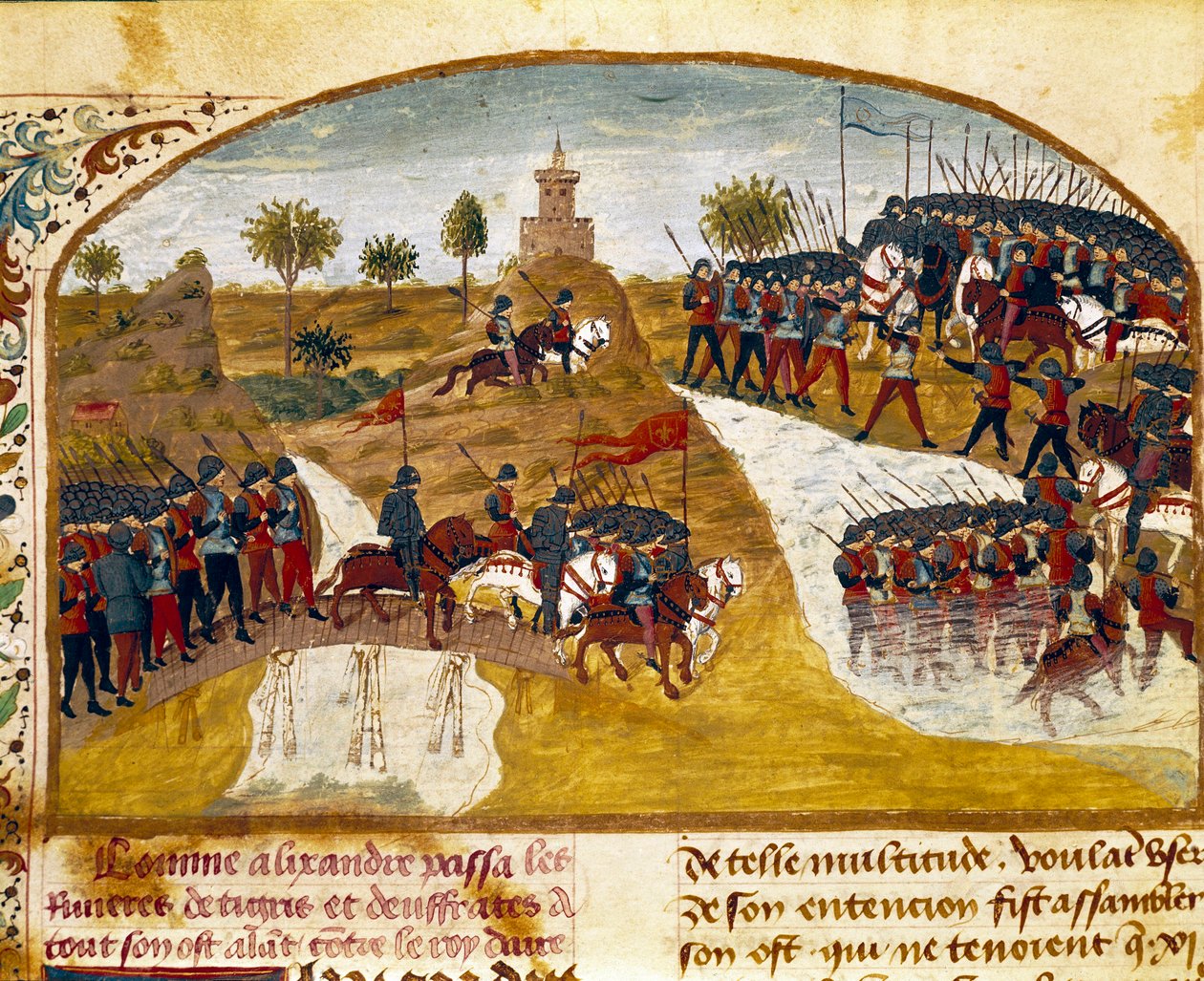Kuningas Aleksanteri Suuri (356-323 eKr.) ja hänen armeijansa ohittavat Tiikerin ja pienois-Eufratin Quintus Curtius Rufuksen (Quinte Curce) (1. vuosisadan) "" Aleksanteri Suuren tosiasioiden kirjasta" (1. vuosisata), noin 1468. (Ms. 1335) Reims. Kaupungin tekijältä Unknown artist