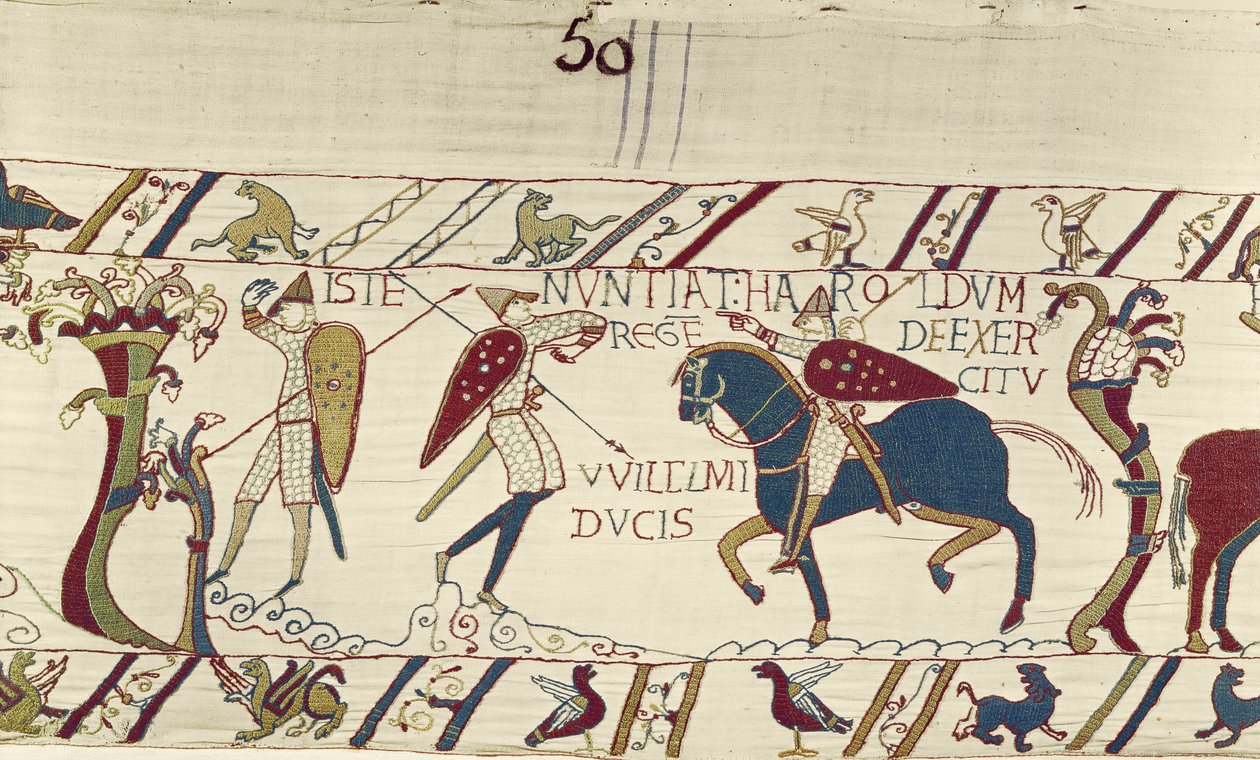 Kuningas Haroldin sanansaattaja antaa hänelle uutisia herttua Williamin armeijasta, Bayeux Tapestry (villakirjonta pellavalle) tekijältä Unknown artist