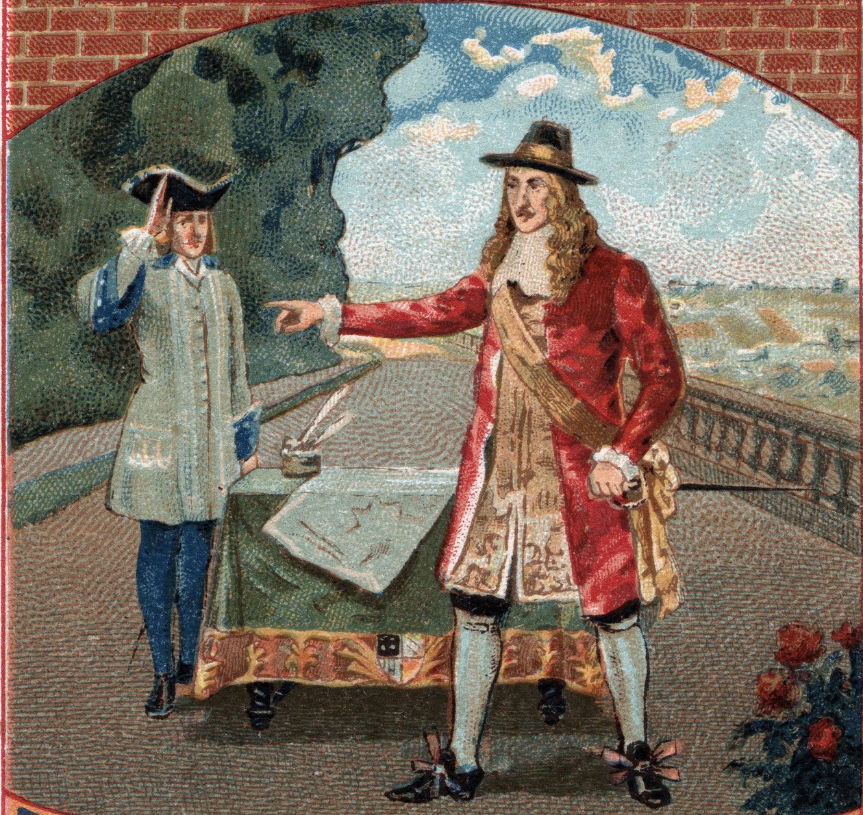 Englannin kuningas James II (James II Stuart) (1633-1701) ollessaan Saint-Germain-en-Layen (Saint Germain en Laye) linnassa. 1800-luvun lopun kromolitografia tekijältä Unknown artist