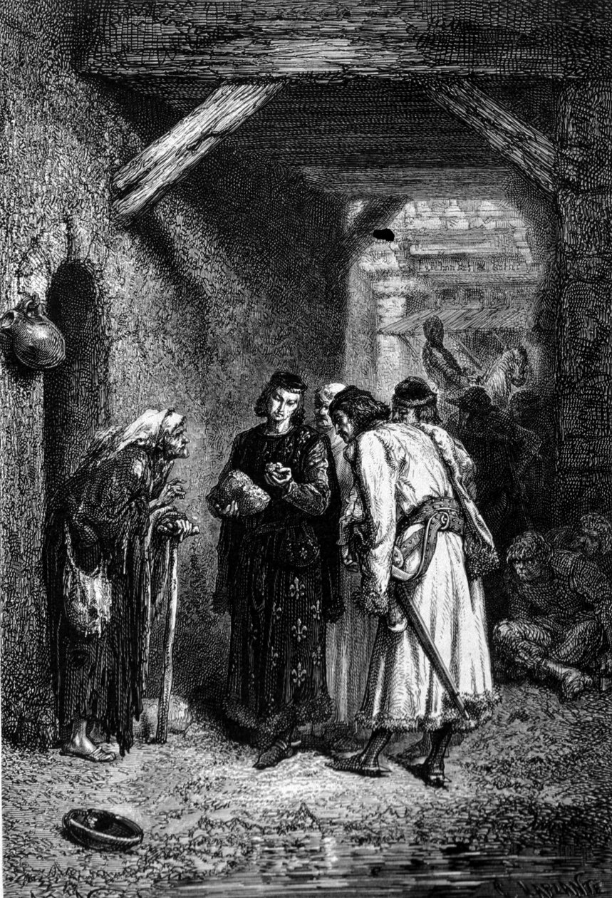 Kuningas Ludvig IX eli Saint Louis (1214 - 1270) tutkii köyhien leipää ja huomaa sen olevan kuivaa. tekijältä Unknown artist