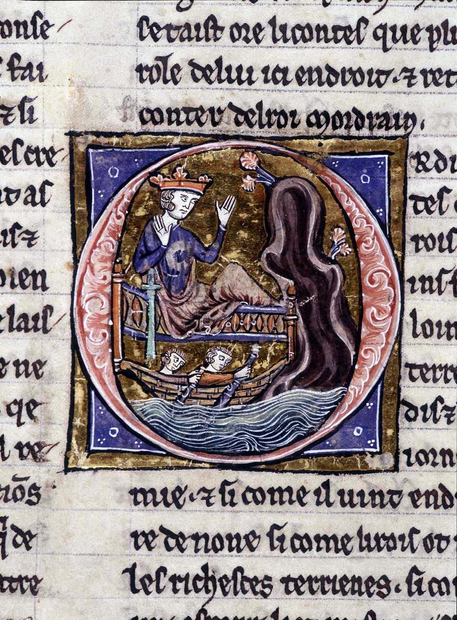 Kuningas Modreius. Käsikirjoitus: Saint Gréalin valloitus, kirjoitettu 717 vuotta herramme intohimosta. Bibliotheque Municipale de Rennes, ms. 255 (Pyöreän pöydän romaanien kokoelma); Pariisi tekijältä Unknown artist