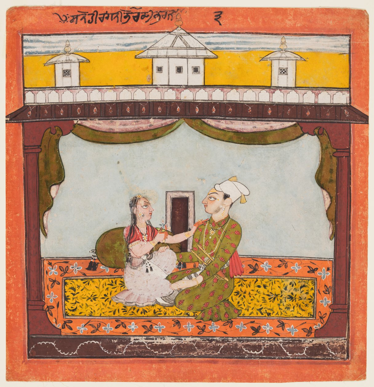 Kuningas ja kuningatar Zenanassa: Sandehi Ragini, Bhairavan vaimo, "Toisesta Basohli Ragamalassa" tekijältä Unknown artist