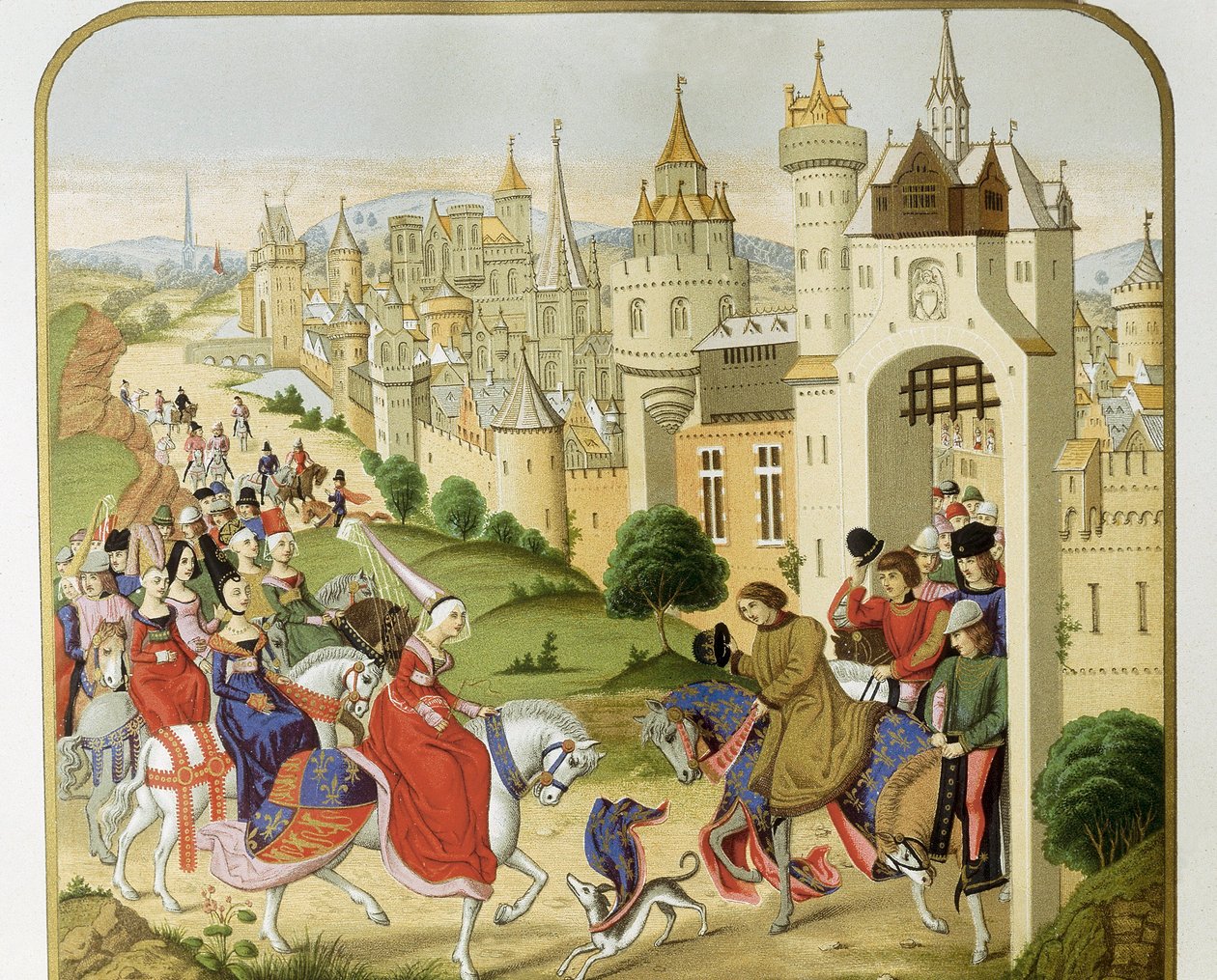 "" Ranskan kuningas Kaarle IV vastaanotti sisarensa Englannin kuningatar Isabellan Ranskan (1292-1358), Edward II:n vaimon vierailun, joka tuli turvaan "" Jean Froissartin kronikkojen mukaan. 1800-luvun Barcelona. Sant Jordi Katalonian kuninkaallinen tekijältä Unknown artist