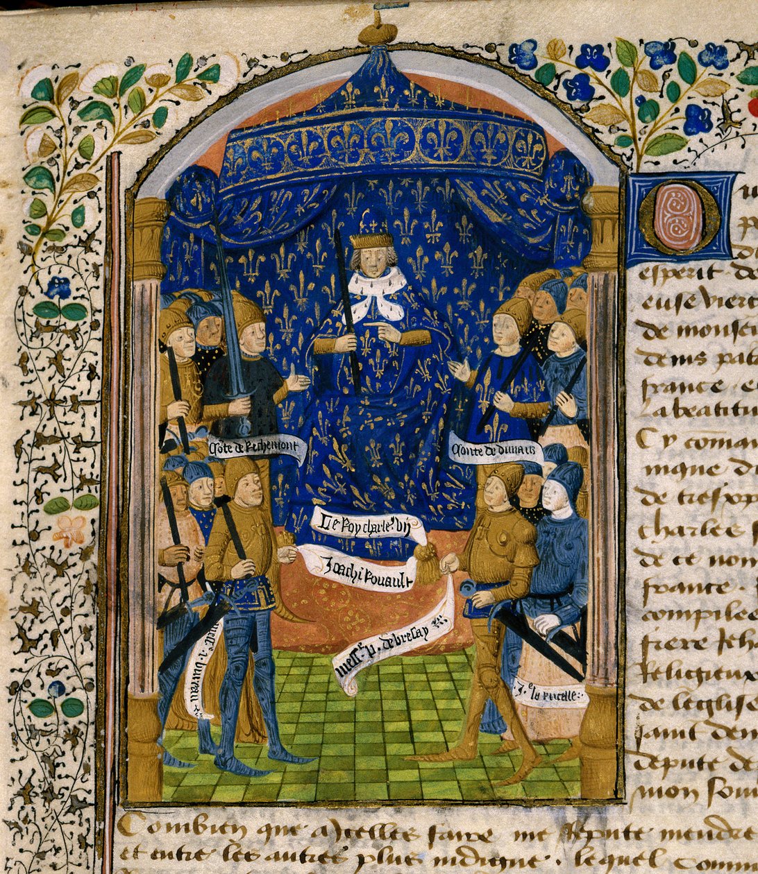 Ranskan kuningas Kaarle VII (1403-1461) ja hänen hovinsa. Oikealla: Jean d