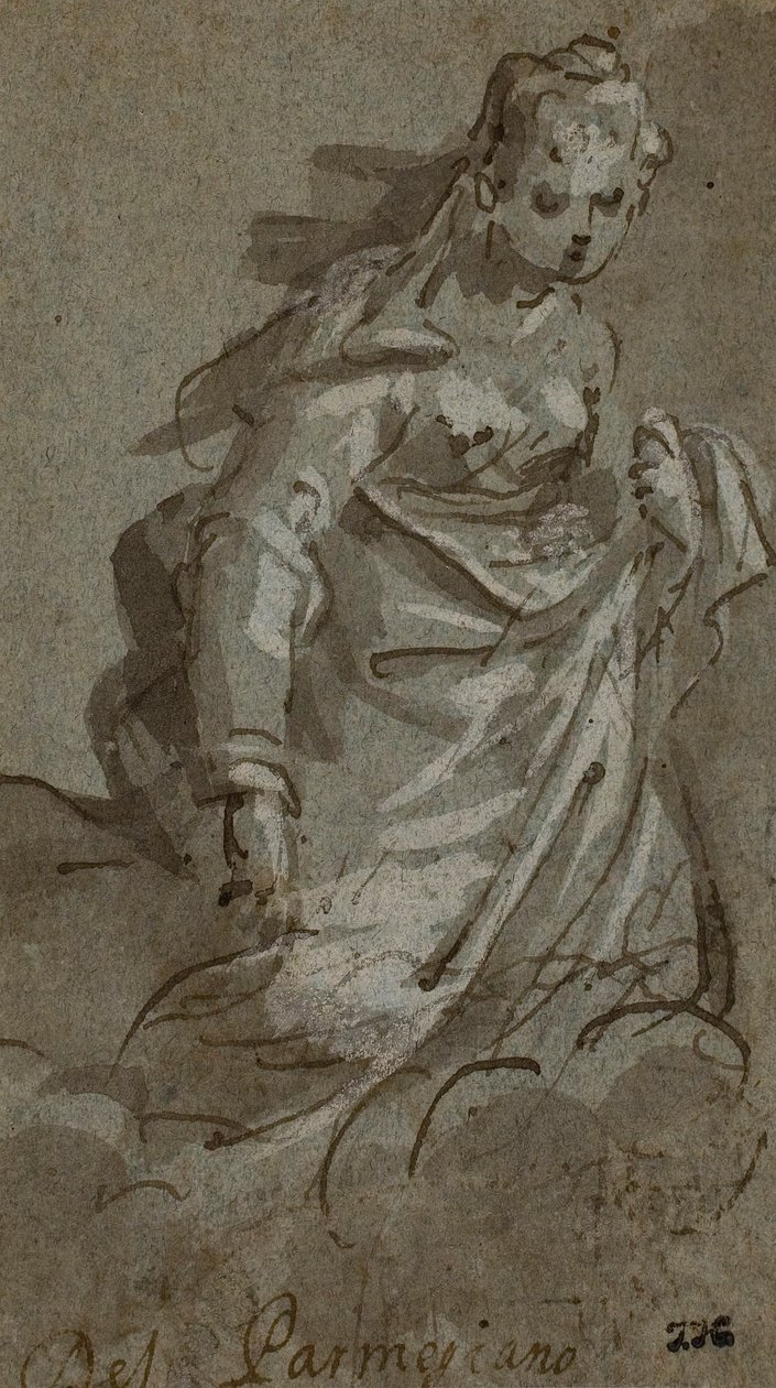 Polvistuva, pilvessä lepäävä naishahmo (etusivu); hahmoluonnoksia (kääntöpuoli). tekijältä Unknown artist