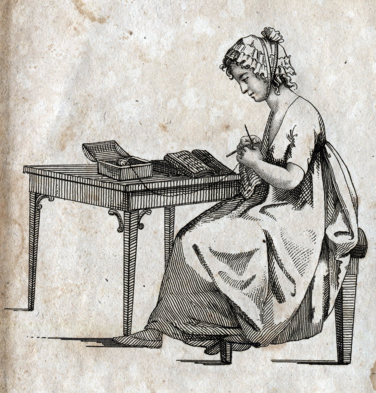 Neulekone: nainen kiireinen neuloa villaa (neulonta) Kaiverrus 1700-luvun lopulla. Yksityinen kokoelma. tekijältä Unknown artist