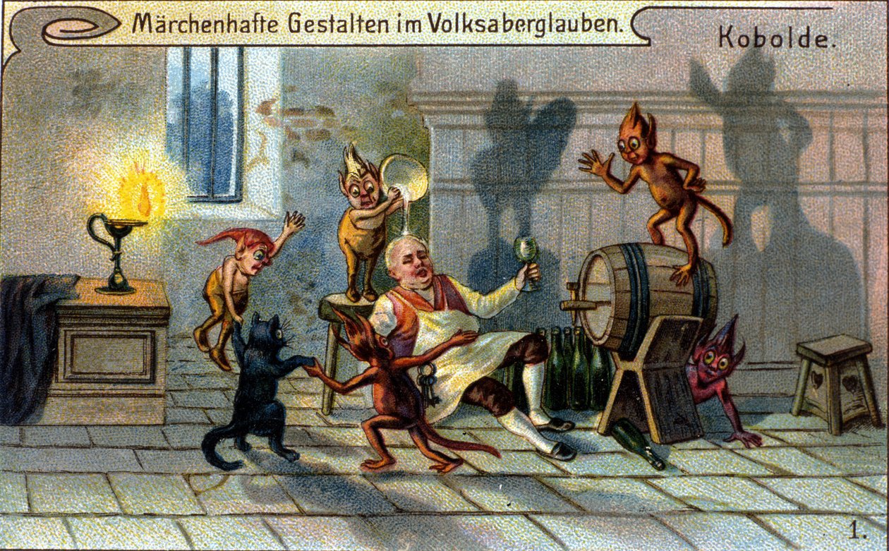 Koboldit, pienet tontut tai saksalaisen kansanperinteen farfadetit. kromolitografia 1800-luvulta. tekijältä Unknown artist