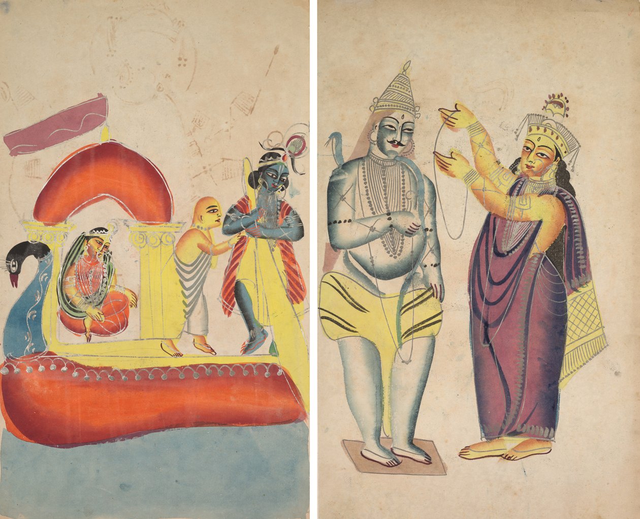 Krishna Ferrying Radha Yamuna-joen poikki (recto); Parivati hääseppeleen asettaminen Shivalle (käänteinen) tekijältä Unknown artist