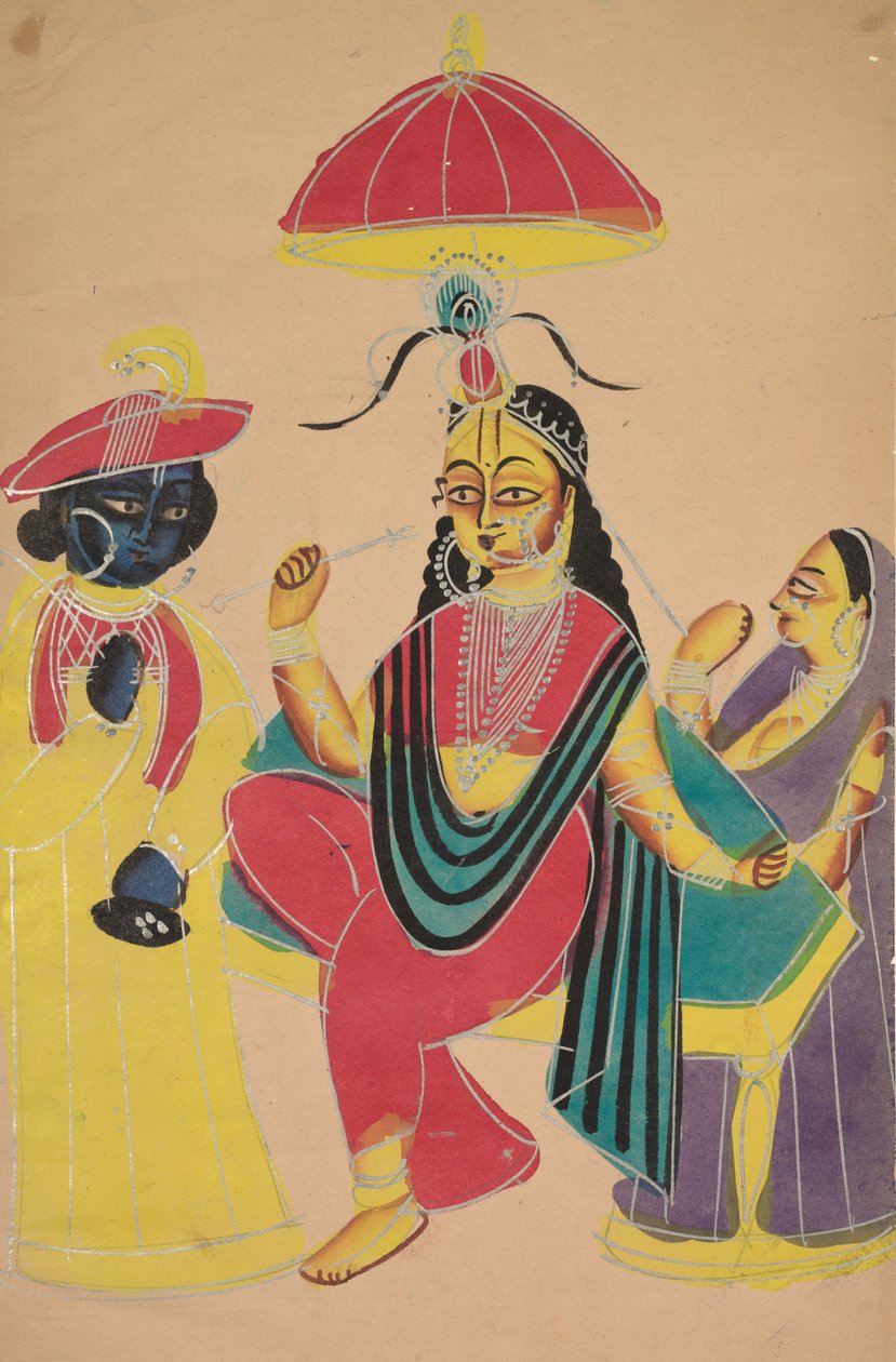 Krishna seisoo Radhan vieressä, joka istuu tuolilla tekijältä Unknown artist
