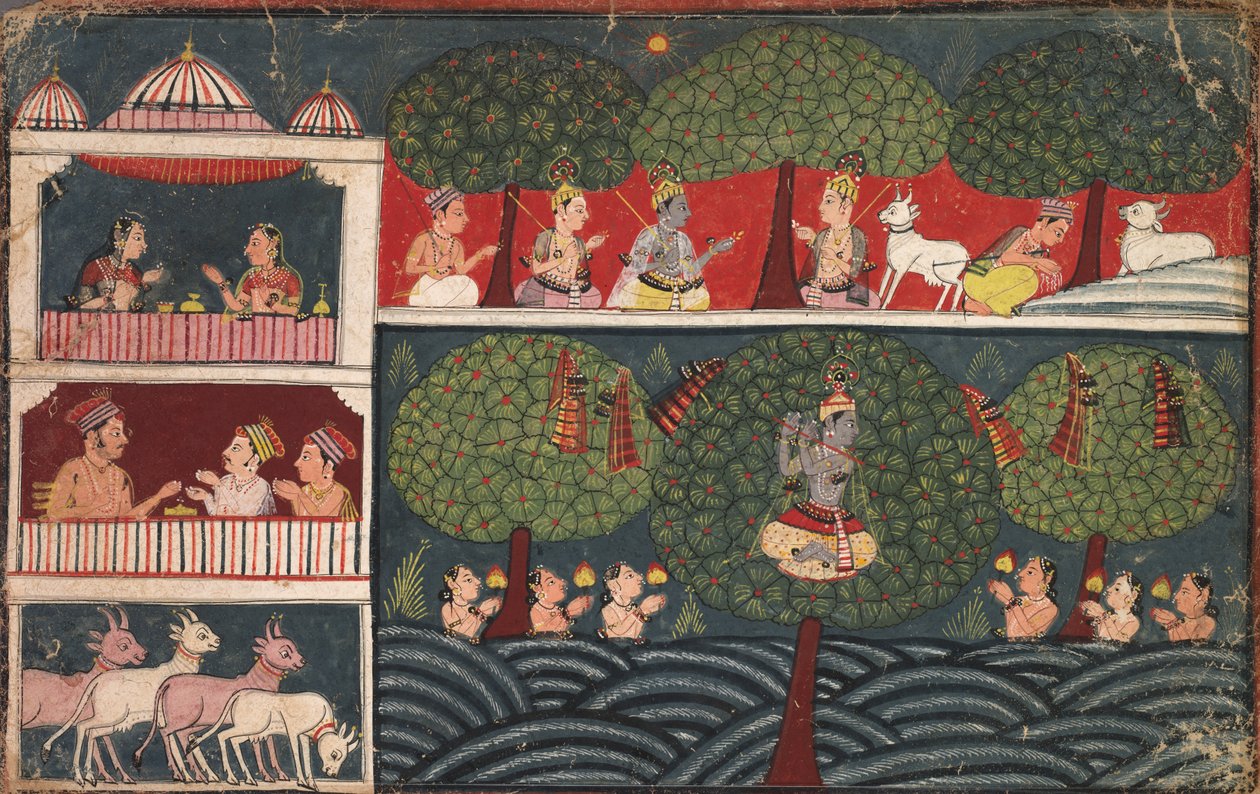Krishna varastaa maitotaittojen vaatteet ja selittää puiden hyvettä Braj Bhagavata Puranalta tekijältä Unknown artist