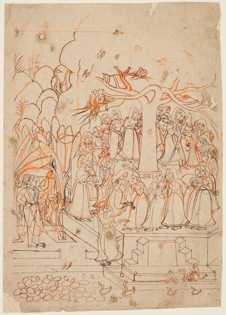 Krishna katselee maitoneitoja kiertämässä pyhää puuta: Jyesthan kuukausi (touko-kesäkuu), Baramasasta (kaksitoista kuukautta) tekijältä Unknown artist