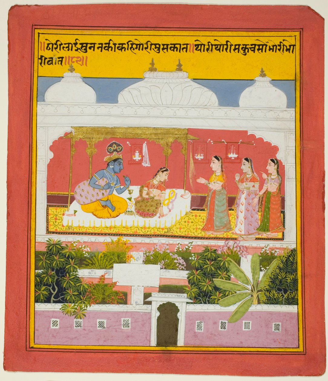 Krishna ja Radha paviljongissa, Biharin Seitsemänsadan säkeen (Sat Sai) kopiosta. tekijältä Unknown artist