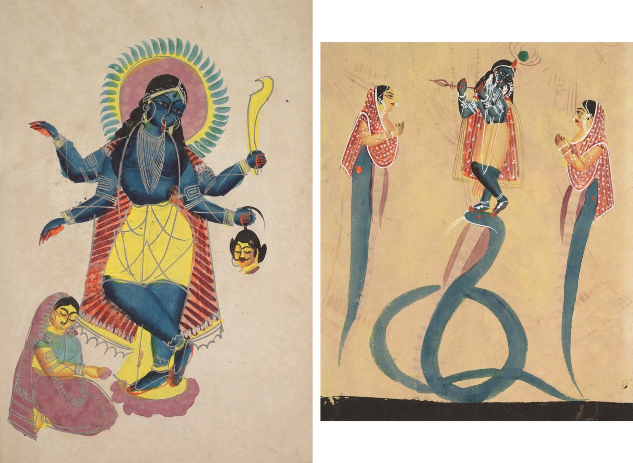 Krishna Kaliina, jota Radha (recta) palvoi; Krishna tukahduttaa vallitsevan Kaliyan (Verso) tekijältä Unknown artist