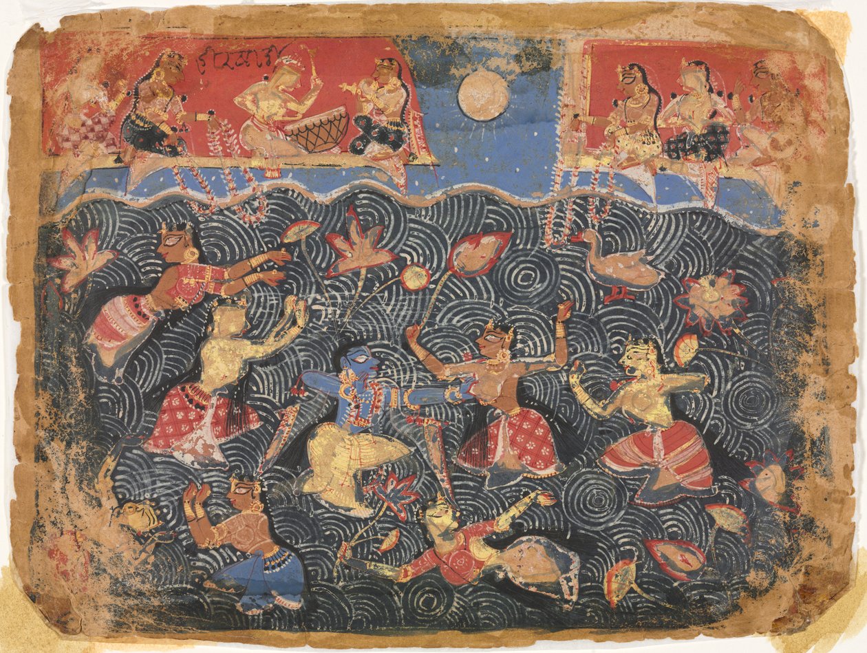 Krishna urheilee gopien kanssa Jumna-joessa, Bhagavata Puranasta tekijältä Unknown artist