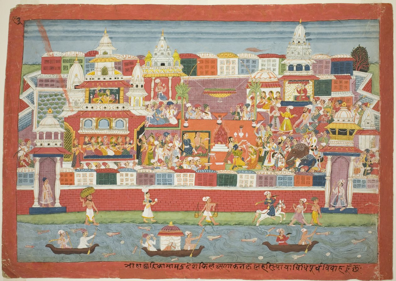 Krishnan avioliitto Kalindan kanssa, sivu hajallaan olevasta Bhagavata Puranan käsikirjoituksesta. tekijältä Unknown artist