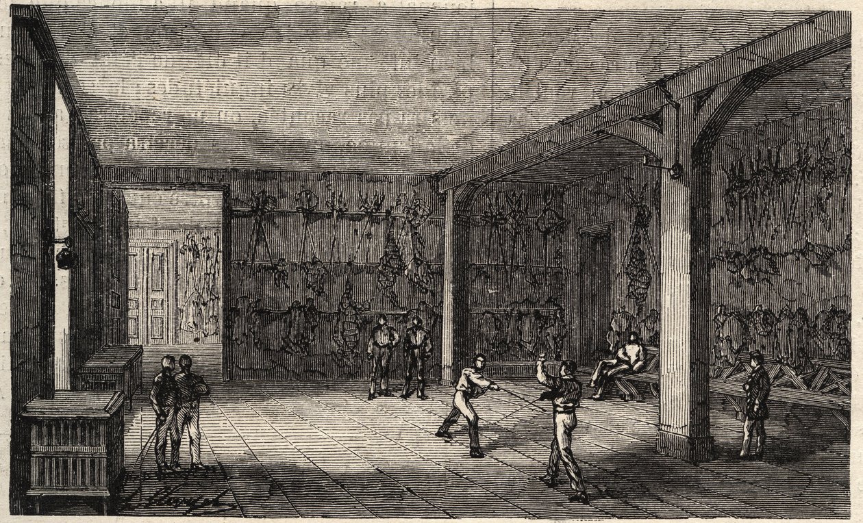 Ecole Polytechnique Pariisissa vuonna 1873 - Miekkailuhuone - Kaiverrus vuodelta 1873 kirjassa "Le monde illustrious" tekijältä Unknown artist