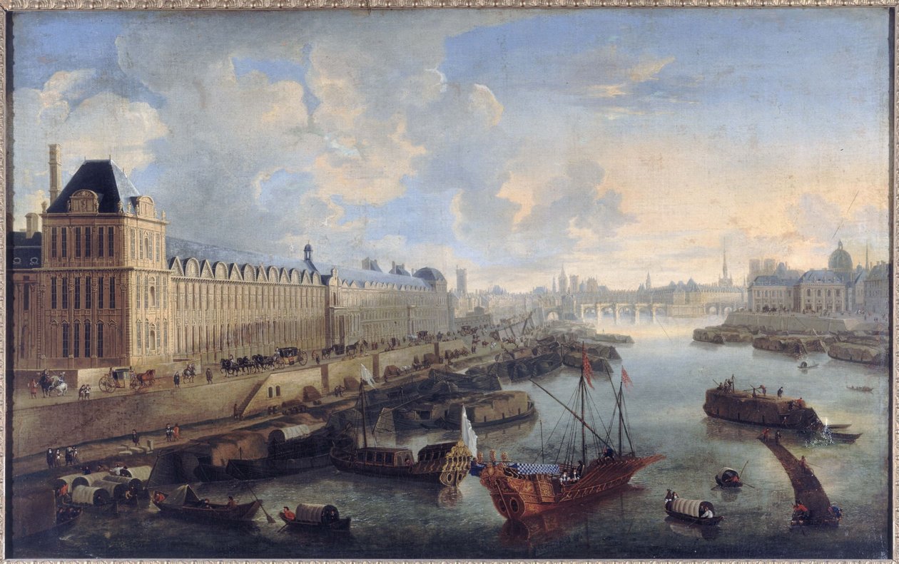 La Grande Galerie du Louvre, le Pont-Neuf, la Cité, le collège des Quatres-Nations, noin 1670, Seinen varrella kuninkaallinen kaleeri, nykyiset 1. ja 6. kaupunginosat, vuosien 1670 ja 1685 välillä (öljy kankaalle). tekijältä Unknown artist