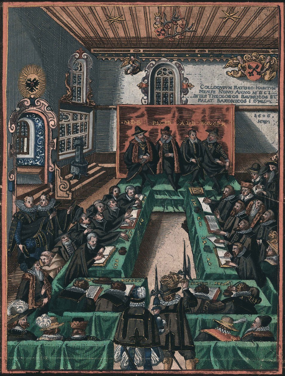 La Conference religieuse de Ratisbonne en 1601 - The Regensburg Religious Colloquy of 1601, Anonymous. Kuparikaiverrus, akvarelli, c. 1605. Historisches Museum der Stadt Regensburg tekijältä Unknown artist