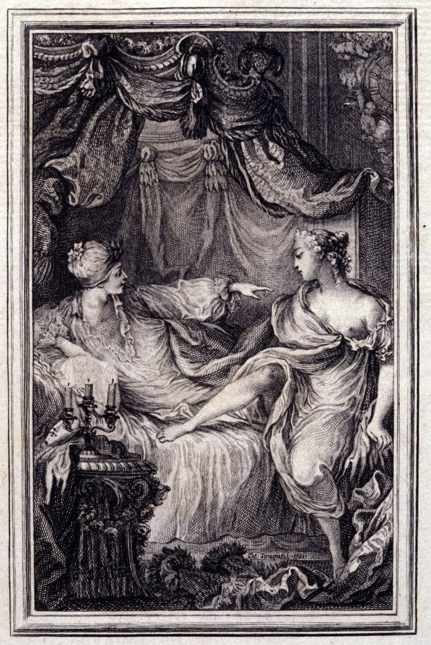 Rakastunut kurtisaani - Jean La Fontainen teoksessa "Tarinoita ja novelleja säkeissä". 1762. tekijältä Unknown artist