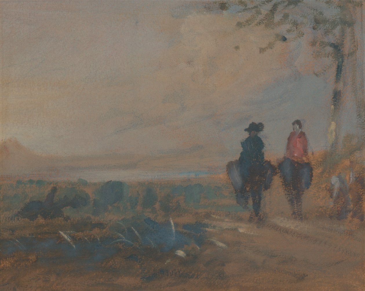 Maisema, jossa järvi ja kaksi hahmoa ratsastaa tekijältä Unknown artist