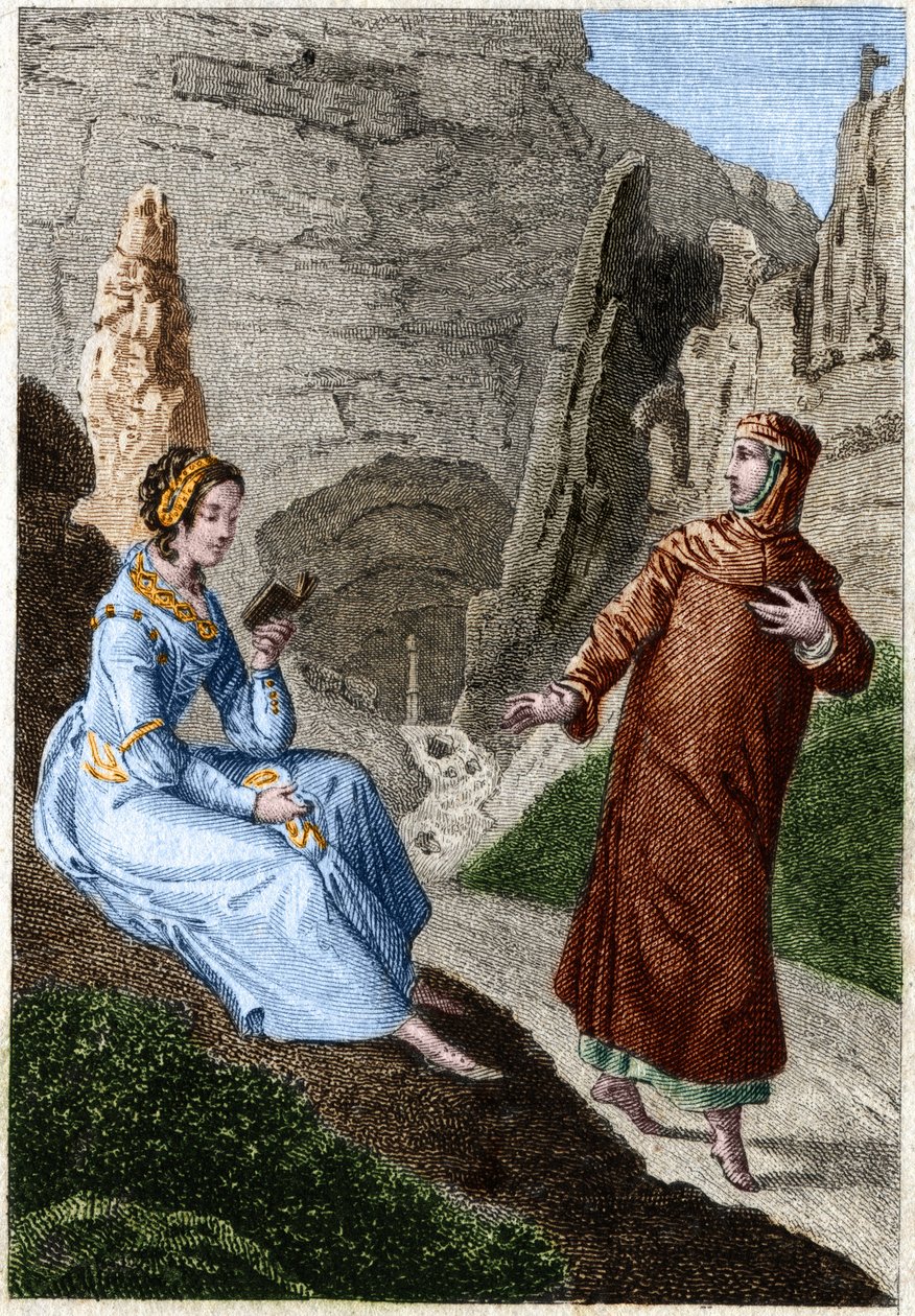 Laure de Noves (Laura) ja Francesco Petrarca (Petrarca) (italialainen runoilija ja humanisti 1304-1374). Kaiverrus 1700-luvun lopulta. tekijältä Unknown artist