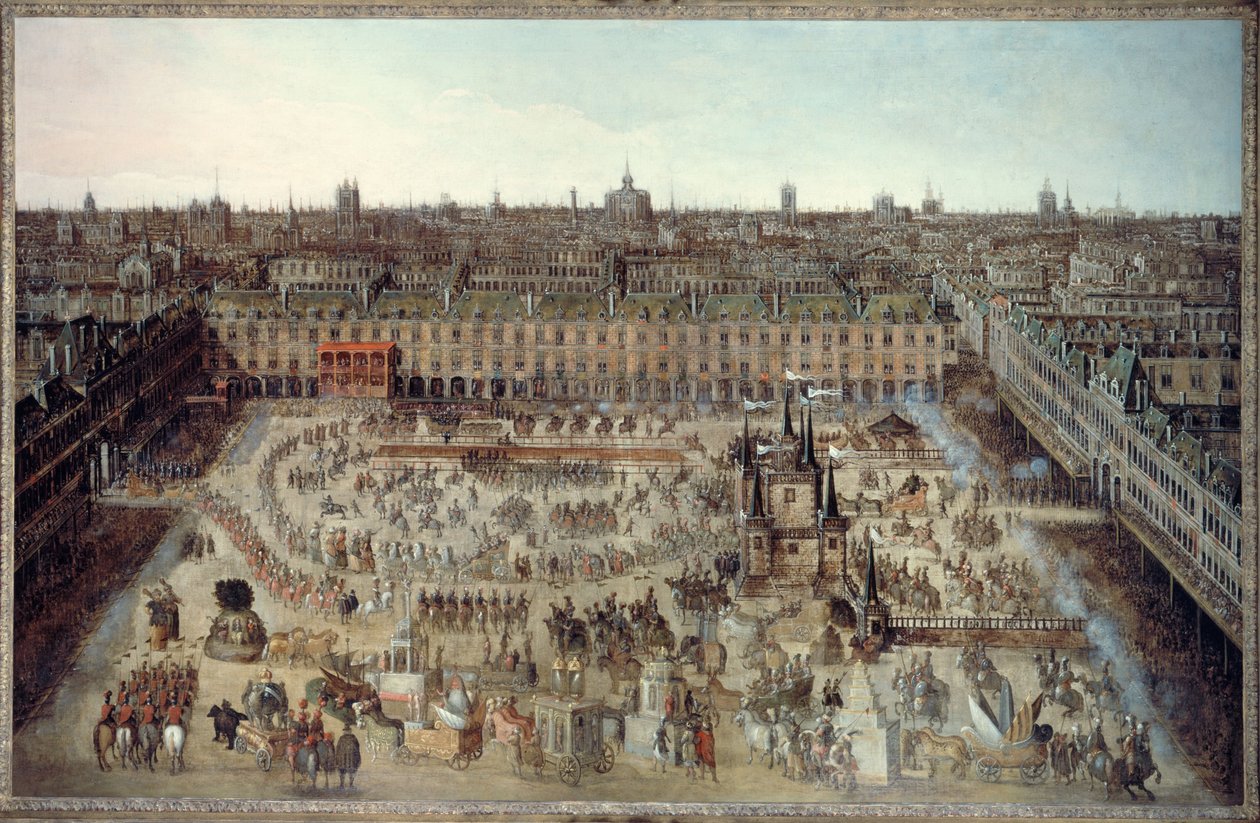 "Roman des chevaliers de la gloire", suuri karuselli, joka järjestettiin 5.-7. huhtikuuta 1612 Ludvig XIII:n ja Itävallan Annen avioliittojen kunniaksi, Place Royale, noin 1612 (öljy kankaalle). tekijältä Unknown artist