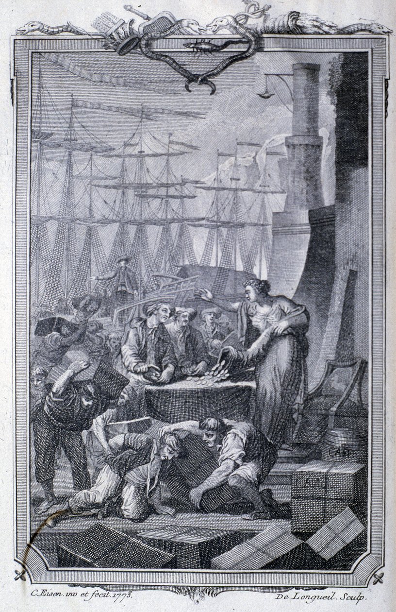 Kauppa siirtokuntien kanssa (mukaan lukien kahvi) - G.T. Raynalin teoksessa "Eurooppalaisten laitosten filosofia ja politiikka ja kauppa kahden Intian kanssa" Pelletti, Geneve tekijältä Unknown artist
