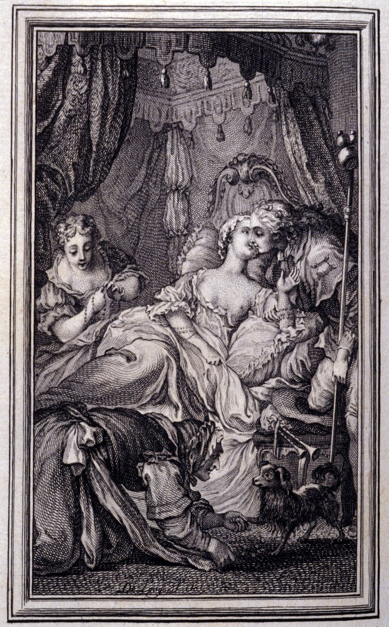 Pieni koira, joka ampuu rahaa ja kiviä - Jean La Fontainen "Tarinoita ja novelleja säkeissä". 1762. tekijältä Unknown artist