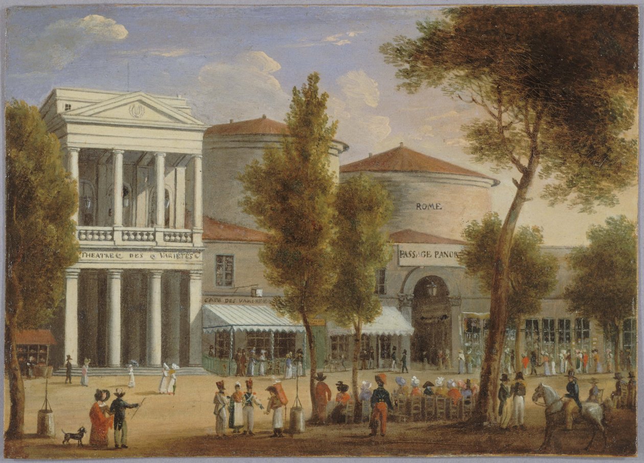 Le théâtre des Variétés et le passage des Panoramas, boulevard Montmartre, noin 1825, noin 1825 (öljy kortille) tekijältä Unknown artist