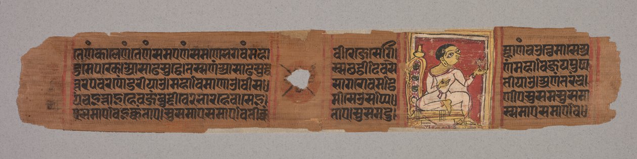 Jainin lehti Käsikirjoitus: Kalpa-sutra: Munkki pitelee kukkaa (recto); Lehti jainin käsikirjoituksesta: Kalpa-sutra: teksti, joka kuvaa Mahaviran laskeutumista brahmaninaisen Devanandan kohtuun (käänteinen) tekijältä Unknown artist