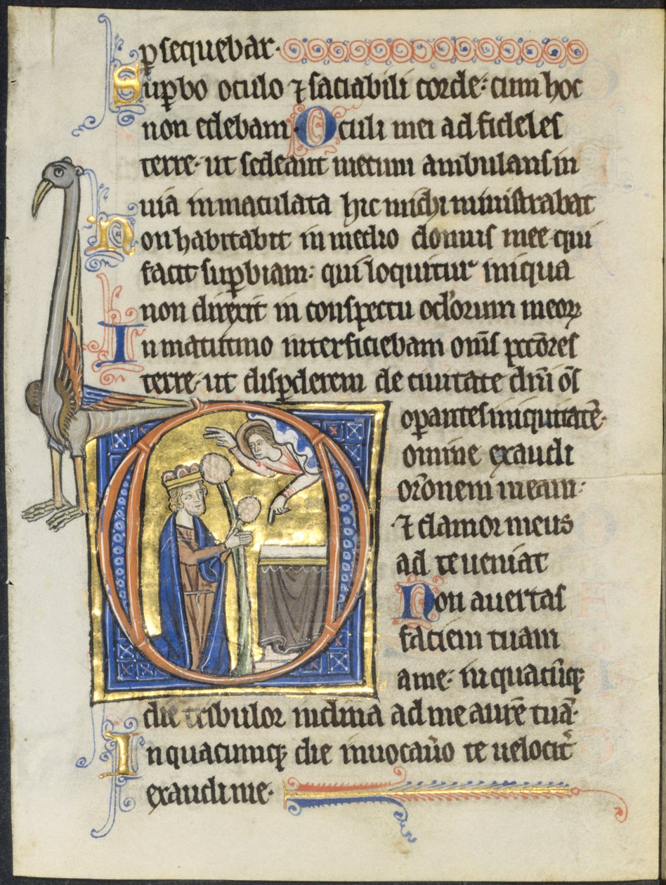 Psalterin lehti: Alkusana D: Daavid rukouksessa alttarin edessä ja Kristus pilvessä (2 kahdesta leikatusta lehdestä) tekijältä Unknown artist