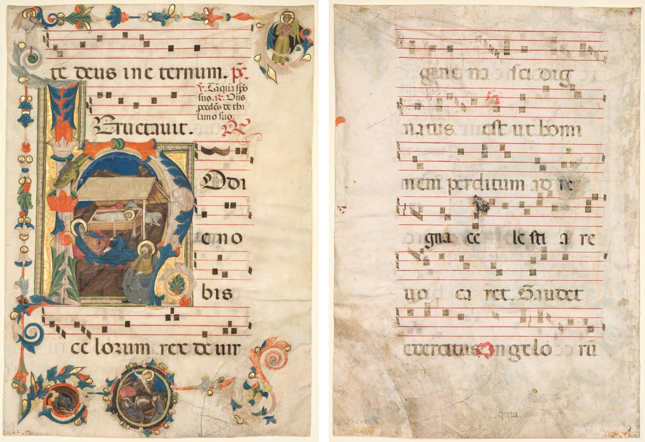 Lehti antifonaarista, jossa on historiallinen alkukirjain (H), syntymäpäivä (recto) ja musiikki (verso) tekijältä Unknown artist