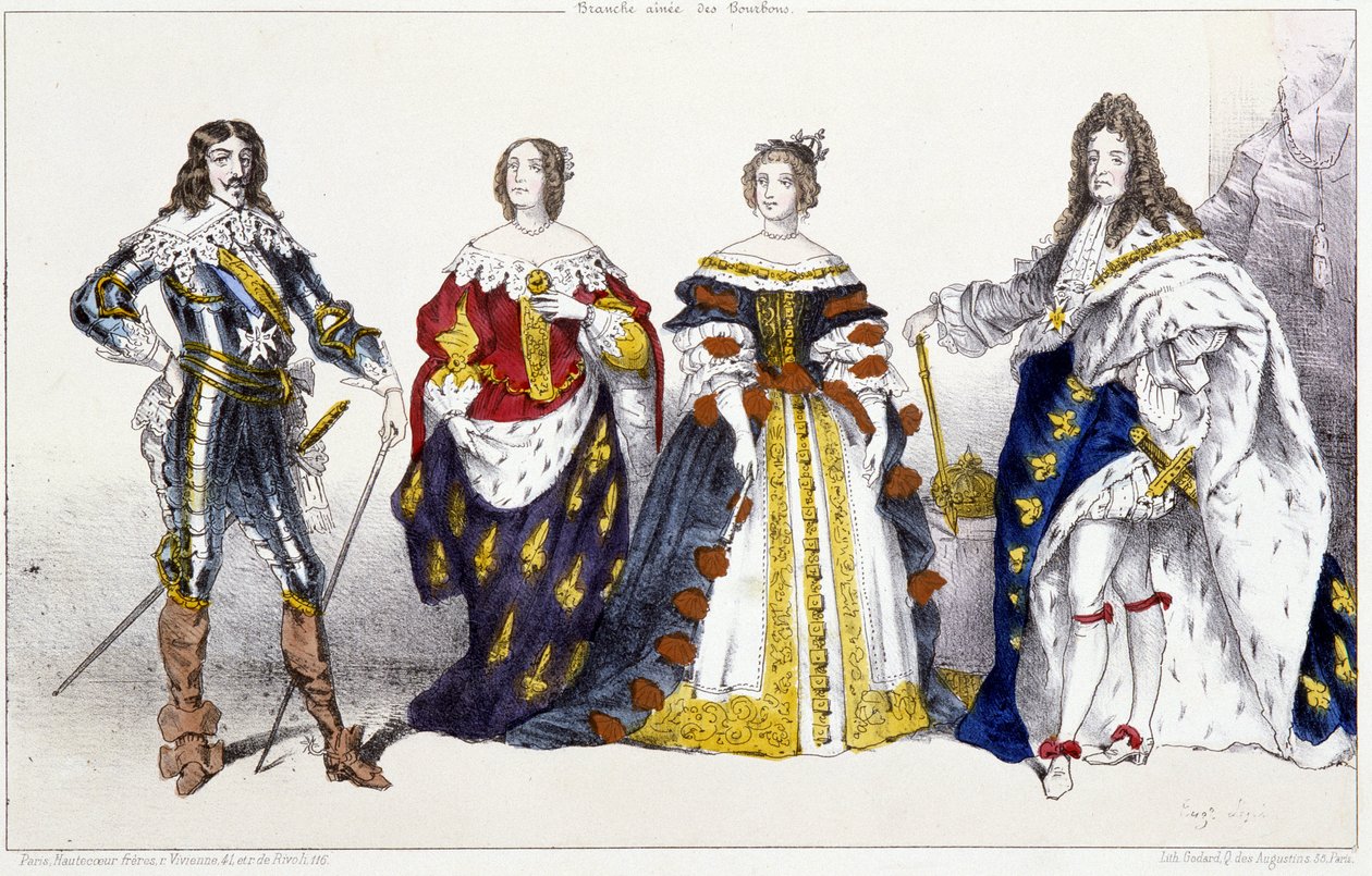Les Bourbons: Ludvig XIII (1601-1643) ja Anne Itävalta (1601-1666), Marie Therese Itävaltalainen (tai Espanja) (1638-1683) ja Ludvig XIV (1638-1715) - Levy poimittu Ranskan kuninkailta ja kuningattareilta painoksissa, Pariisi, toim. Swift tekijältä Unknown artist