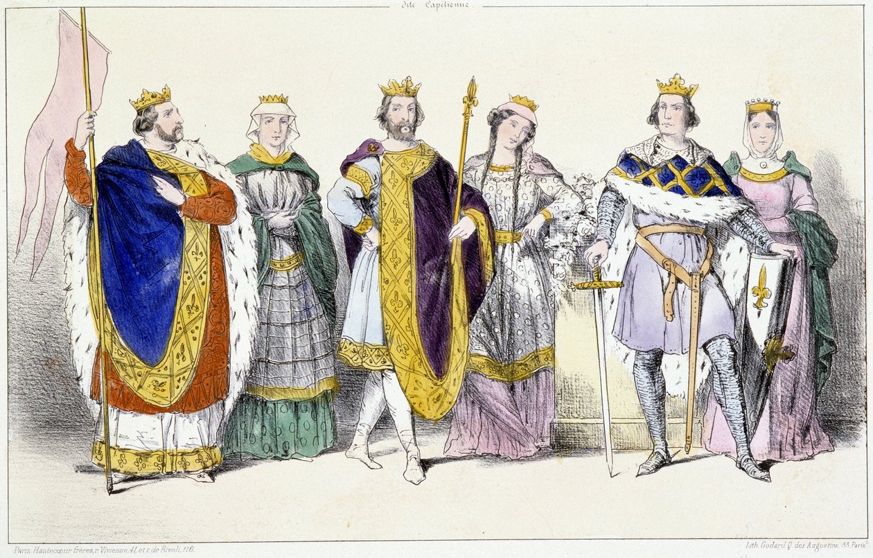 Kapetsialaiset: Louis VI Le Gros (1081-1137) ja Adelaide Savoysta (n. 1100-1154), Louis VII Le Jeune (1120-1180) ja Adele of Champagne (tai Blois) (n. 1140-1206), Philippe II dit Philippe Auguste (1165-1223) ja Isabelle de Hainaut (1170-1190) - Levy fr tekijältä Unknown artist