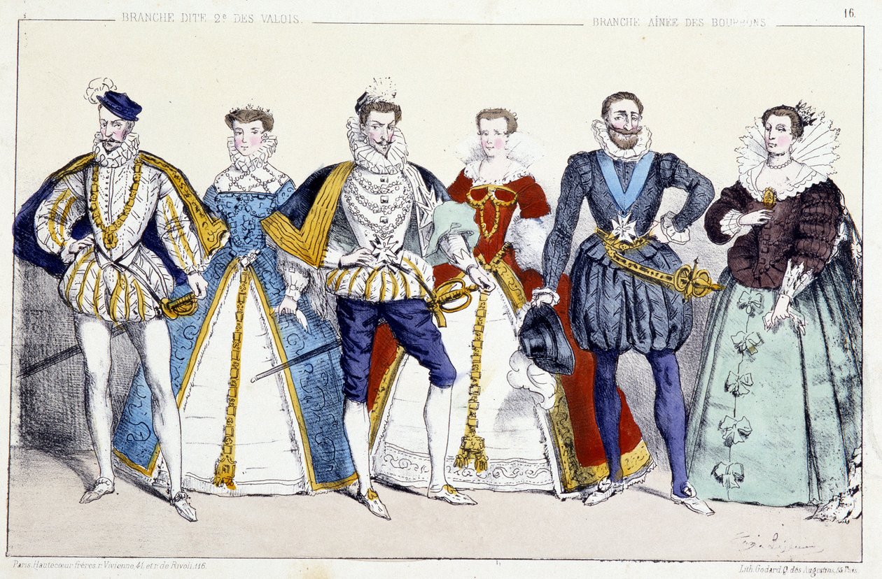 Les Valois et les Bourbons: Charles IX (1550-1574) ja Elisabeth Itävalta (1554-1592), Henrik III (1551-1589) ja Louise de Lorraine Vaudemont (1553-1601), Henri IV (1553-1610) ja Marie de Medicis (1575-1642) - Plage poimittu kuninkailta ja kuningattareilta  tekijältä Unknown artist