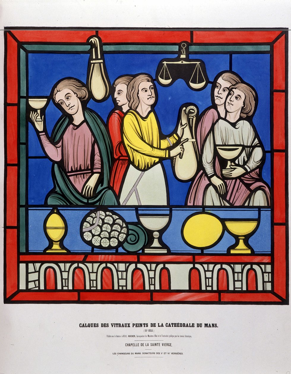 Rahanvaihtajat Le Mansissa - Maalattuja lasimaalauksia Cathedrale du Mansista tekijältä Unknown artist