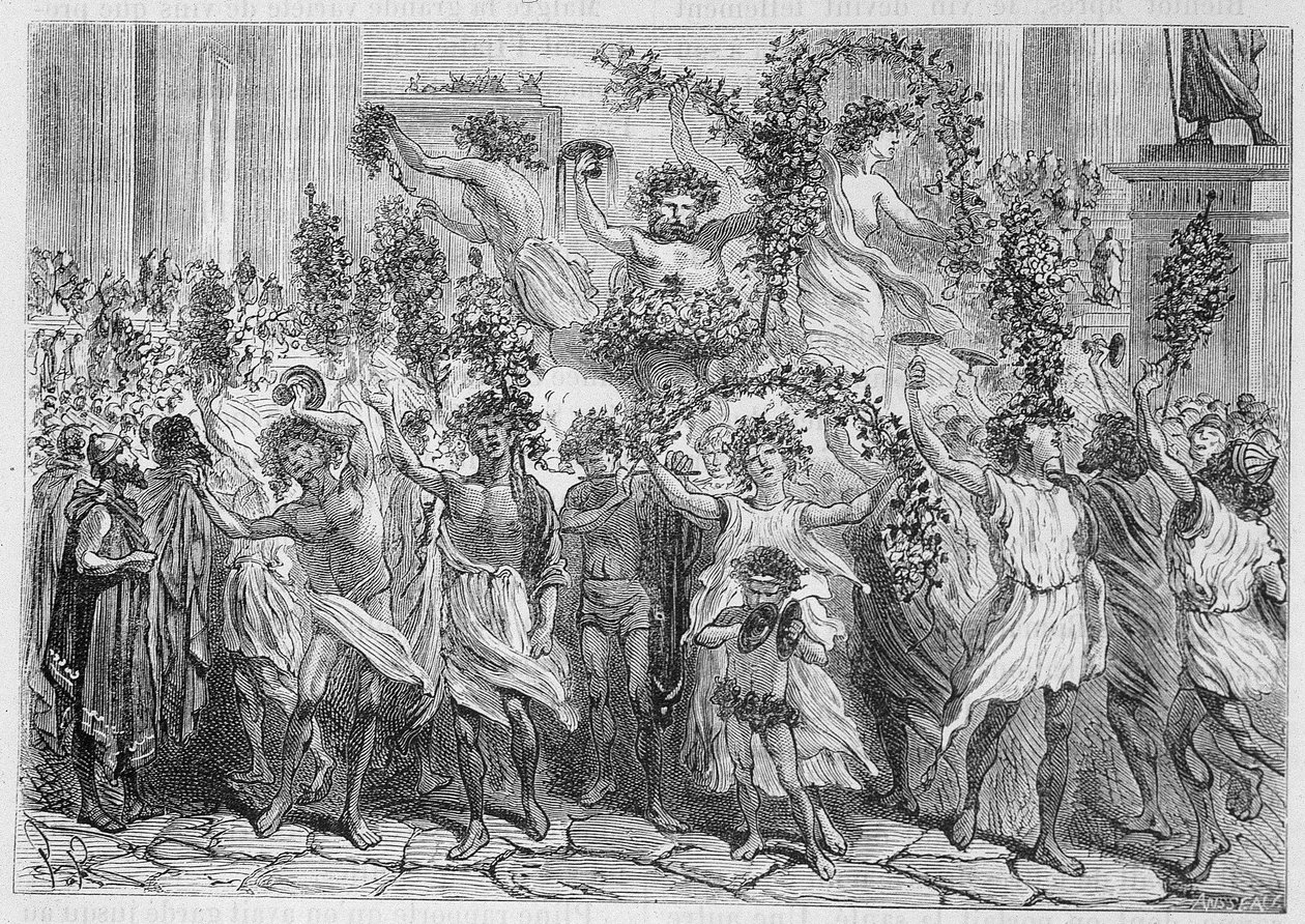 Bacchuksen (Baccon) jalat Ateenassa (muinainen Kreikka) - Louis Figuierin teoksessa "Teollisuuden ihmeet", Pariisi tekijältä Unknown artist