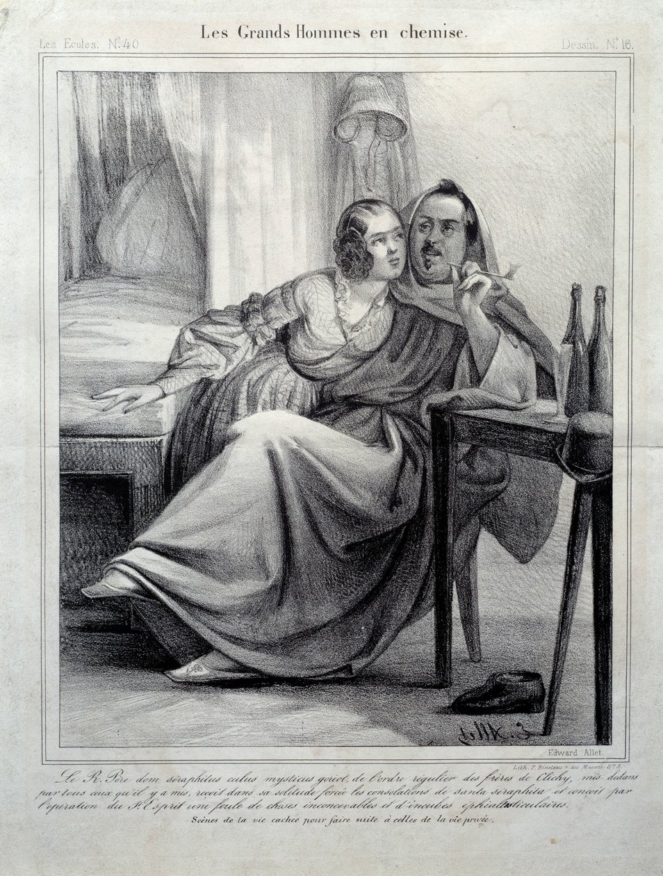 Les grands hommes en chemise Esitys kirjailija Honore de Balzacista (1799-1850), joka kiilaa nuorta naista polttaen tupakkaa. Kuva E. Alletista (1800-luku) Paris, Maison Balzac tekijältä Unknown artist