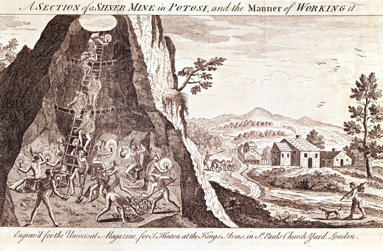 Hopeakaivokset Potosissa, Boliviassa. 1800-luvun kaiverrus. tekijältä Unknown artist