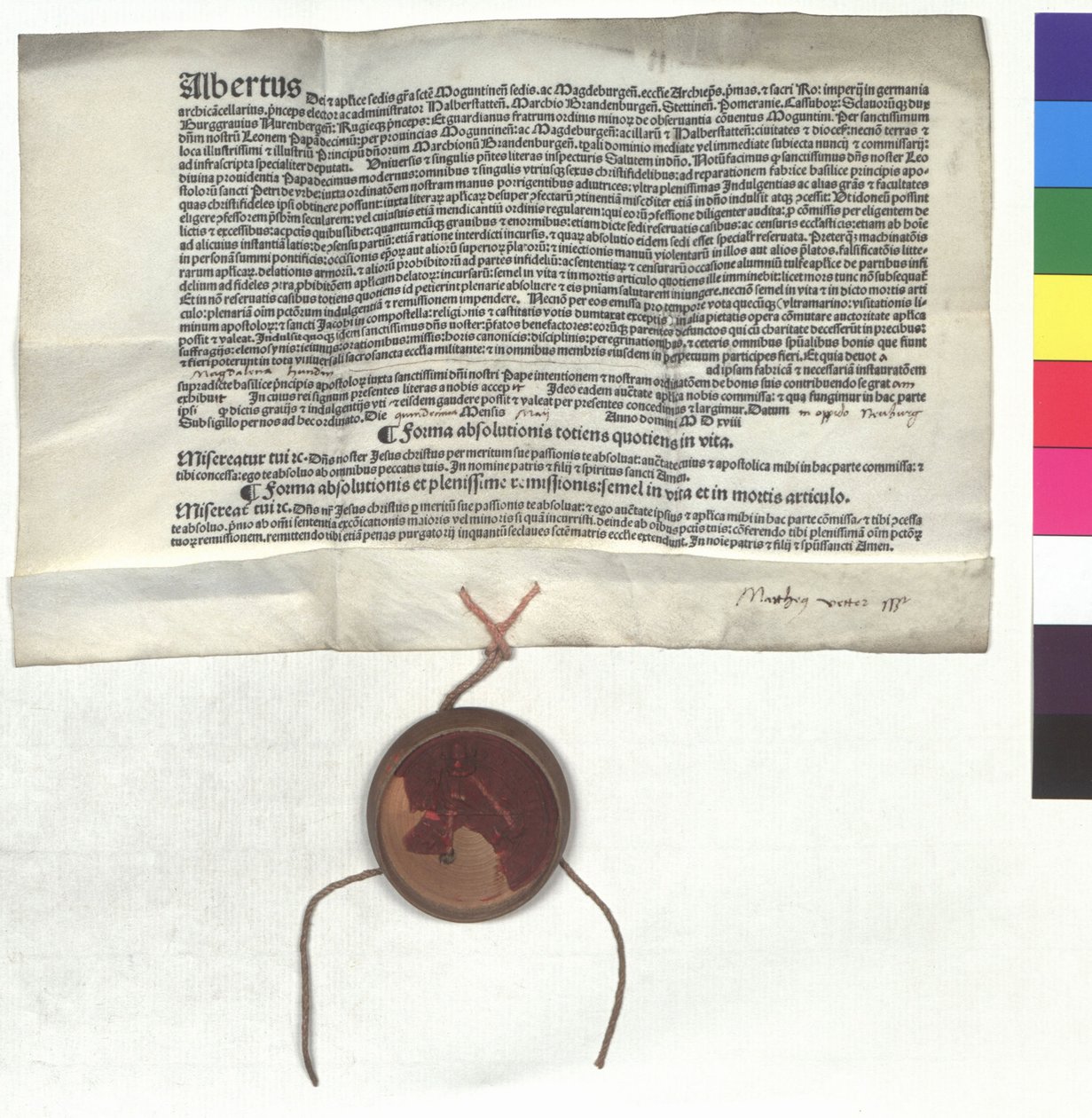 Mainzin arkkipiispal Albert Brandenburgin (1490-1545) anomuskirje paavi Leo X:n (John de Medici) valtuudella tekijältä Unknown artist