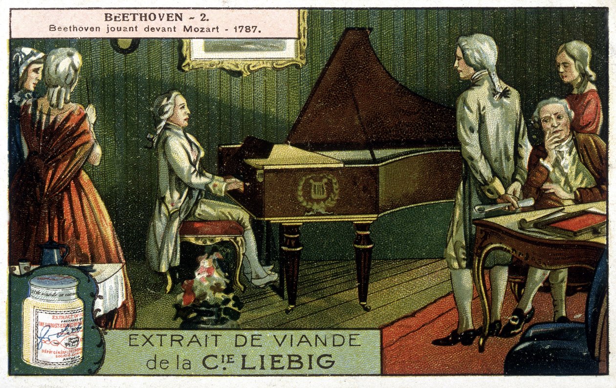 Liebig-kromolitografia. Ludwig van Beethoven (1770/1827) soittaa ennen Wolfgang Amadeus Mozartia (1756/1791). Täällä vuonna 1787. tekijältä Unknown artist