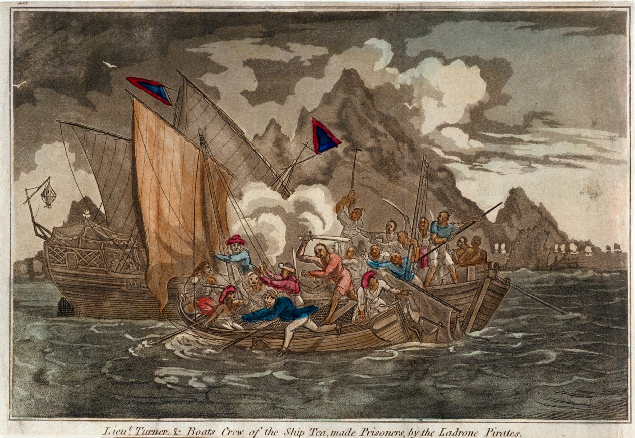 Luutnantti Turner ja laivan miehistö "Tea"-aluksella, jonka Ladronen merirosvot vangitsivat, noin 1800 (värillinen akvatintta). tekijältä Unknown artist