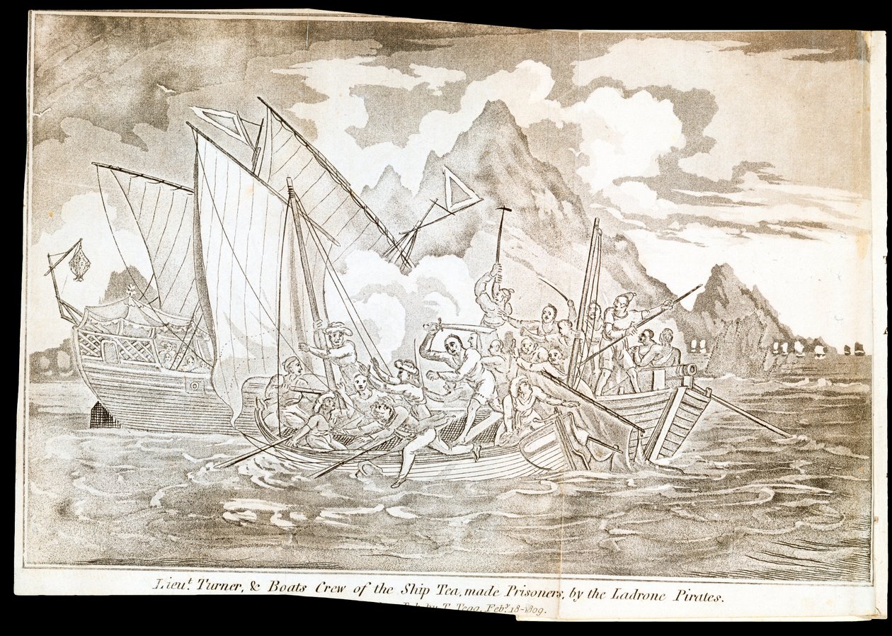 Luutnantti Turner ja laivan miehistö, Tea, vangittuina Ladronen merirosvojen toimesta (tuloste). tekijältä Unknown artist